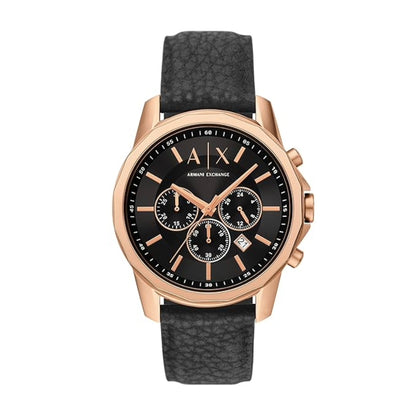 Armani Exchange watch with black leather strap and rose gold case on a white background
