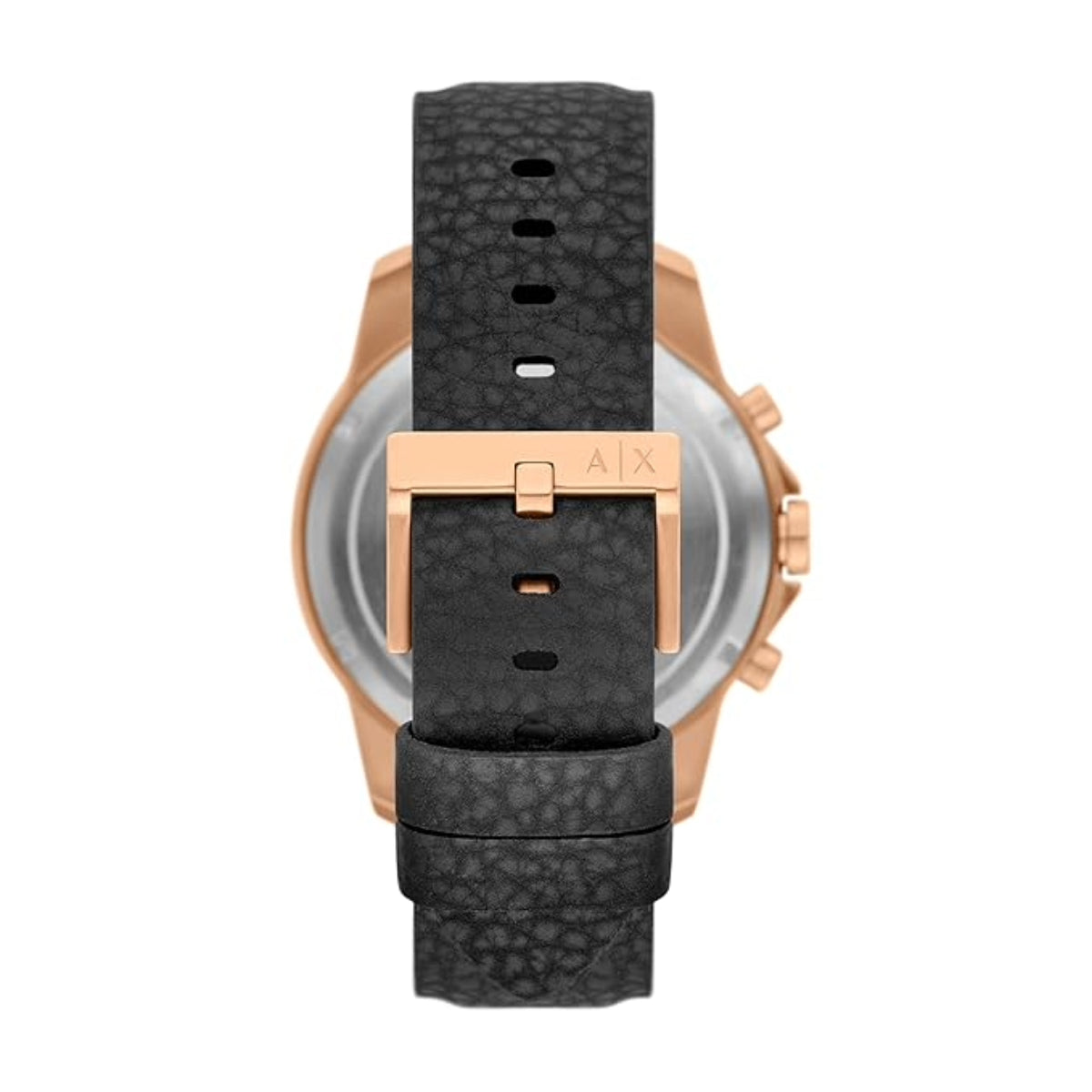 Watch with black strap and rose gold buckle on a white background