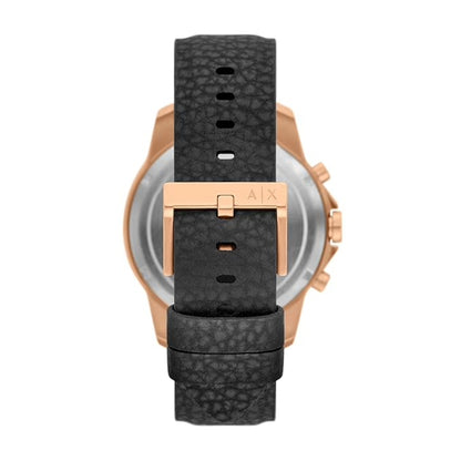 Watch with black strap and rose gold buckle on a white background