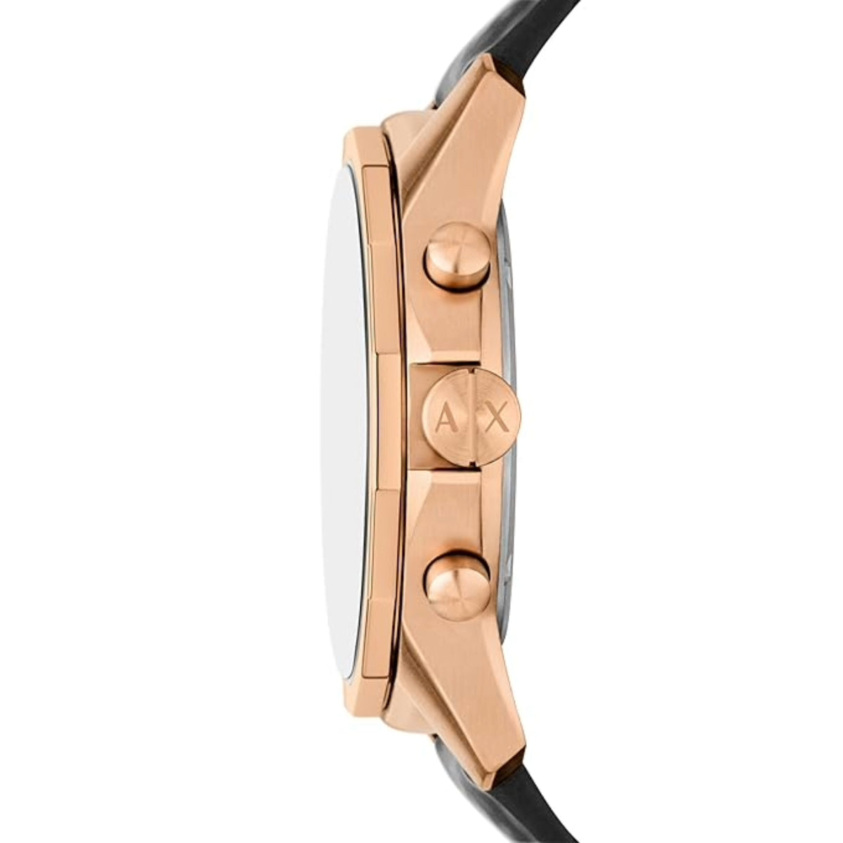 Close-up of a watch with rose gold case and black strap on a white background