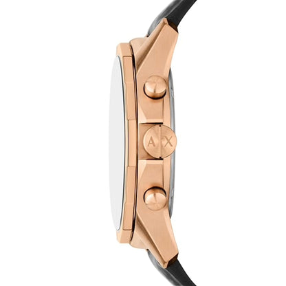 Close-up of a watch with rose gold case and black strap on a white background