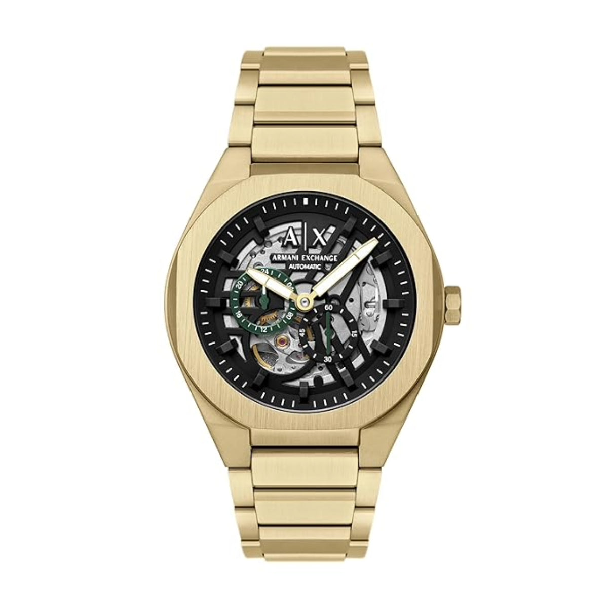 Gold Armani Exchange watch on a white background