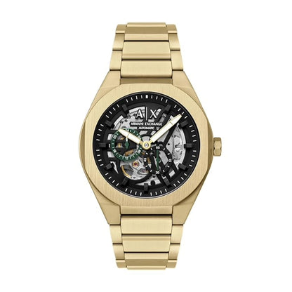 Gold Armani Exchange watch on a white background