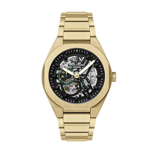 Gold Armani Exchange watch on a white background