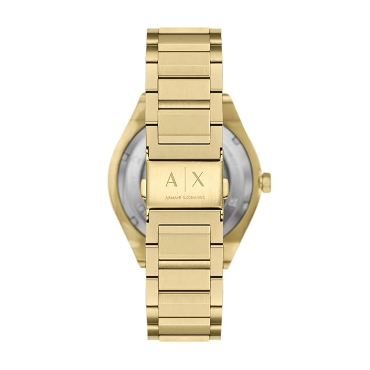 Gold watch with Armani Exchange logo on a white background