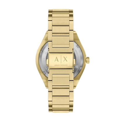 Gold watch with Armani Exchange logo on a white background