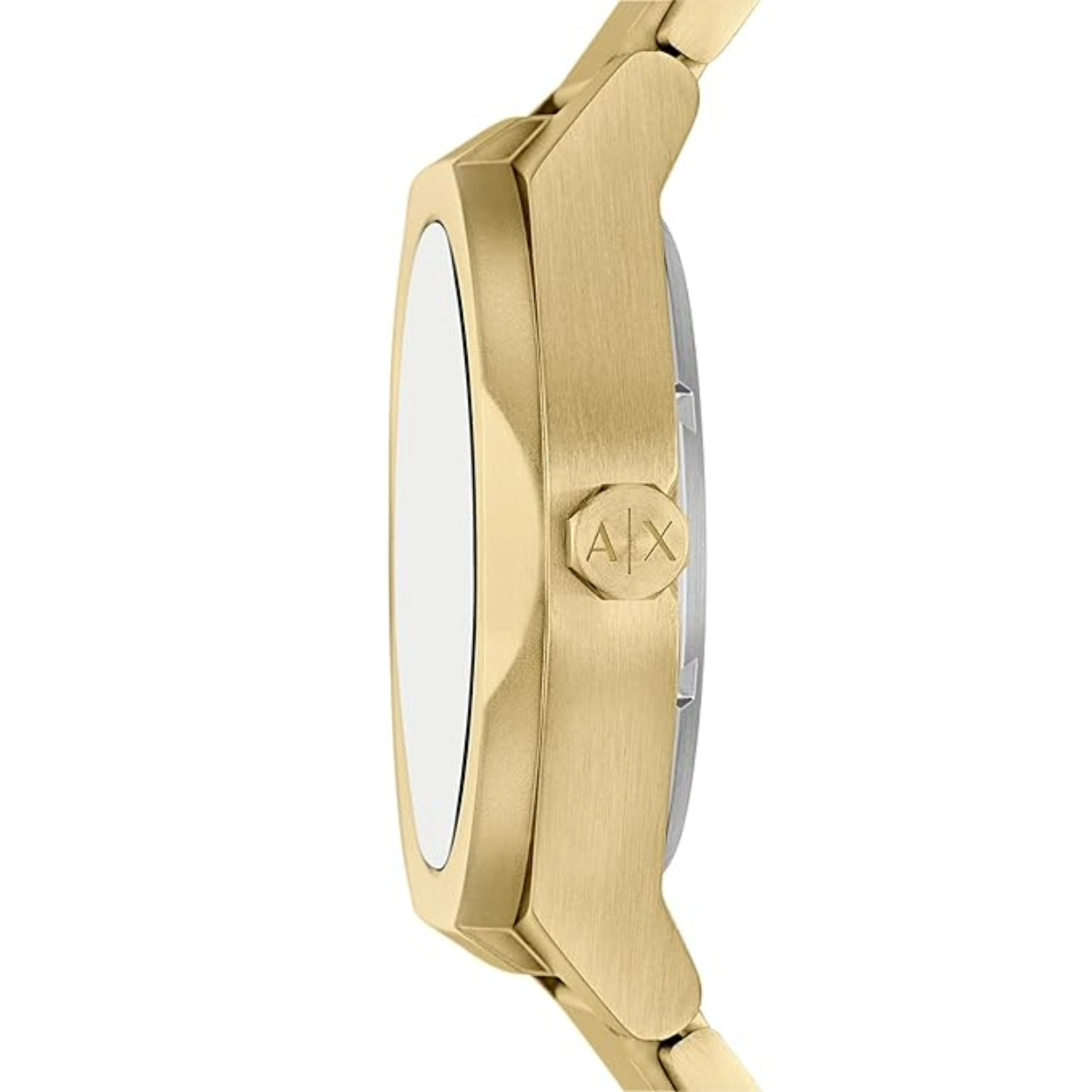 Gold watch with Armani Exchange logo on a white background
