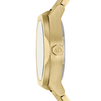 Gold watch with Armani Exchange logo on a white background