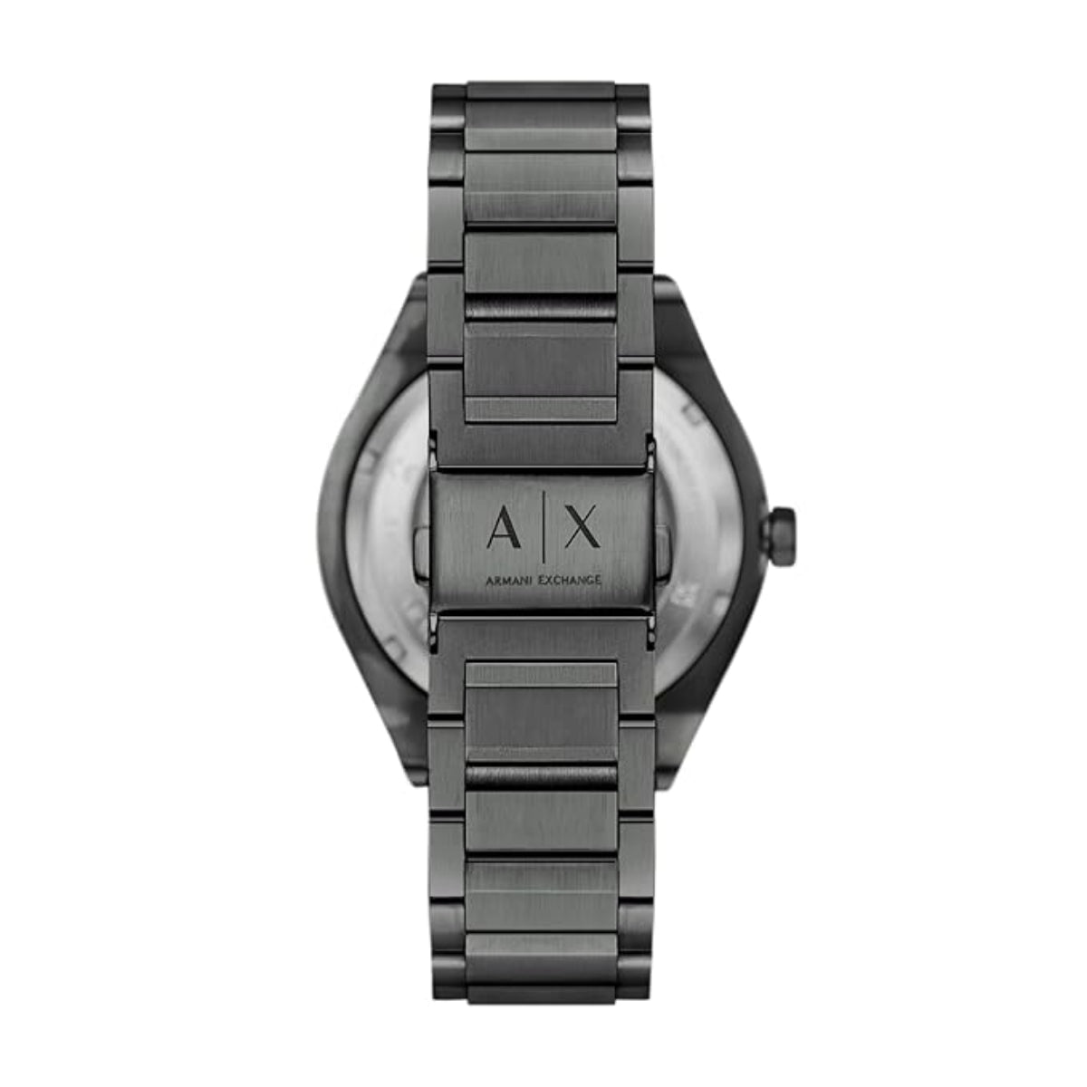 Black Armani Exchange watch on a white background