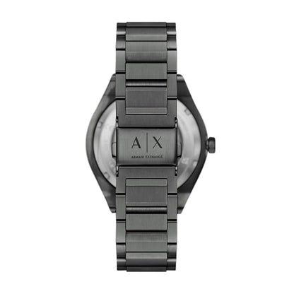Black Armani Exchange watch on a white background