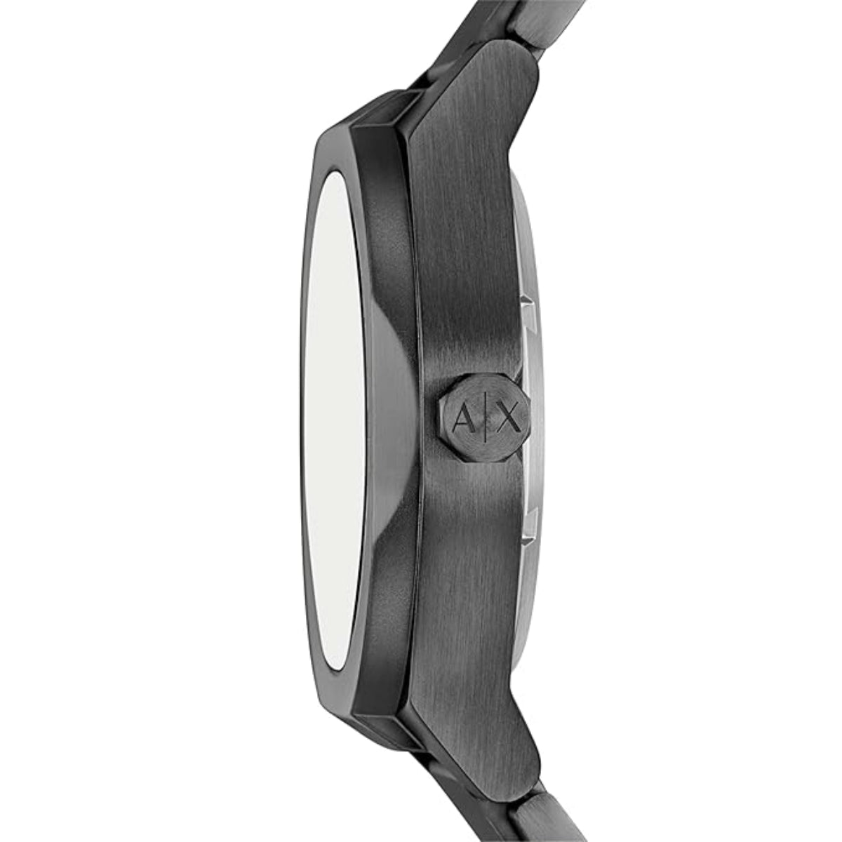 Close-up of a Armani Exchange watch with a metallic band and case.