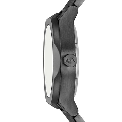Close-up of a Armani Exchange watch with a metallic band and case.