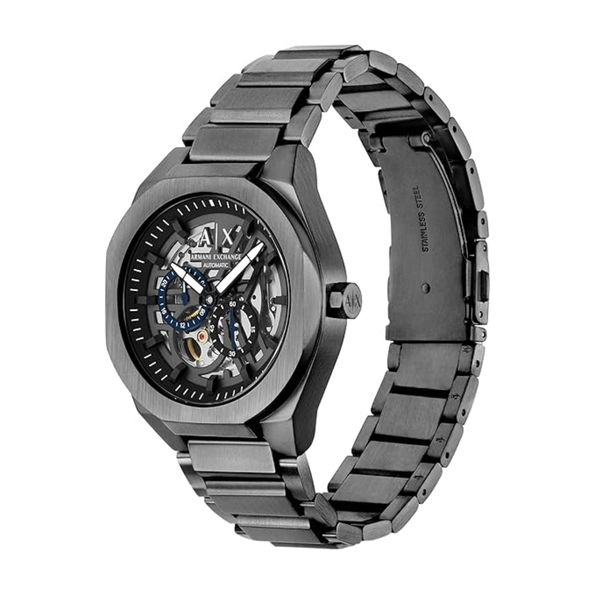 Gray Armani Exchange watch with a detailed face on a white background