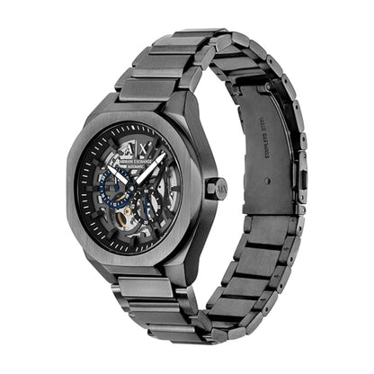 Gray Armani Exchange watch with a detailed face on a white background