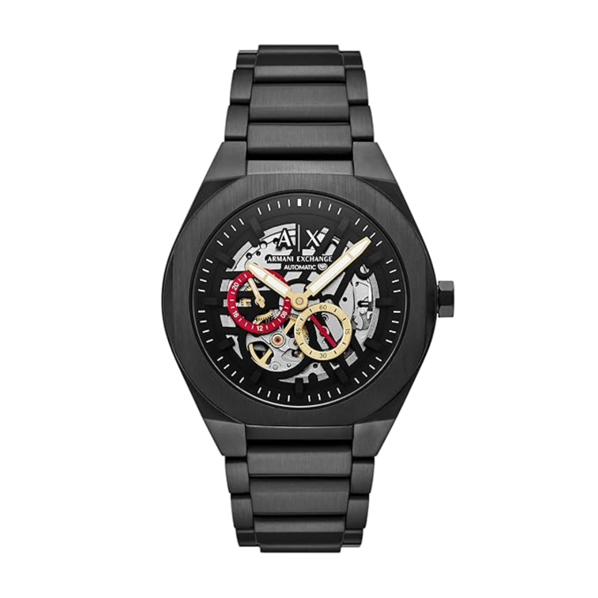 Black Armani Exchange watch with detailed face on a white background