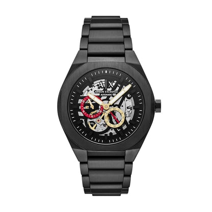 Black Armani Exchange watch with detailed face on a white background