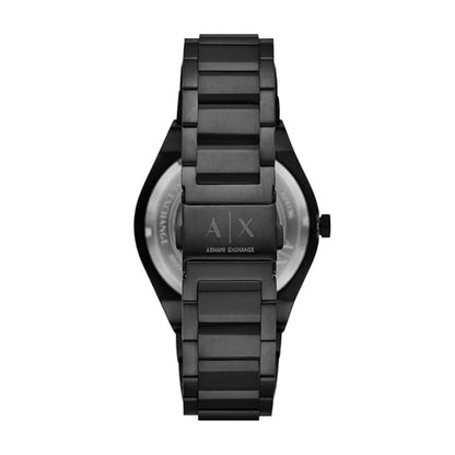 Black Armani Exchange watch on a white background