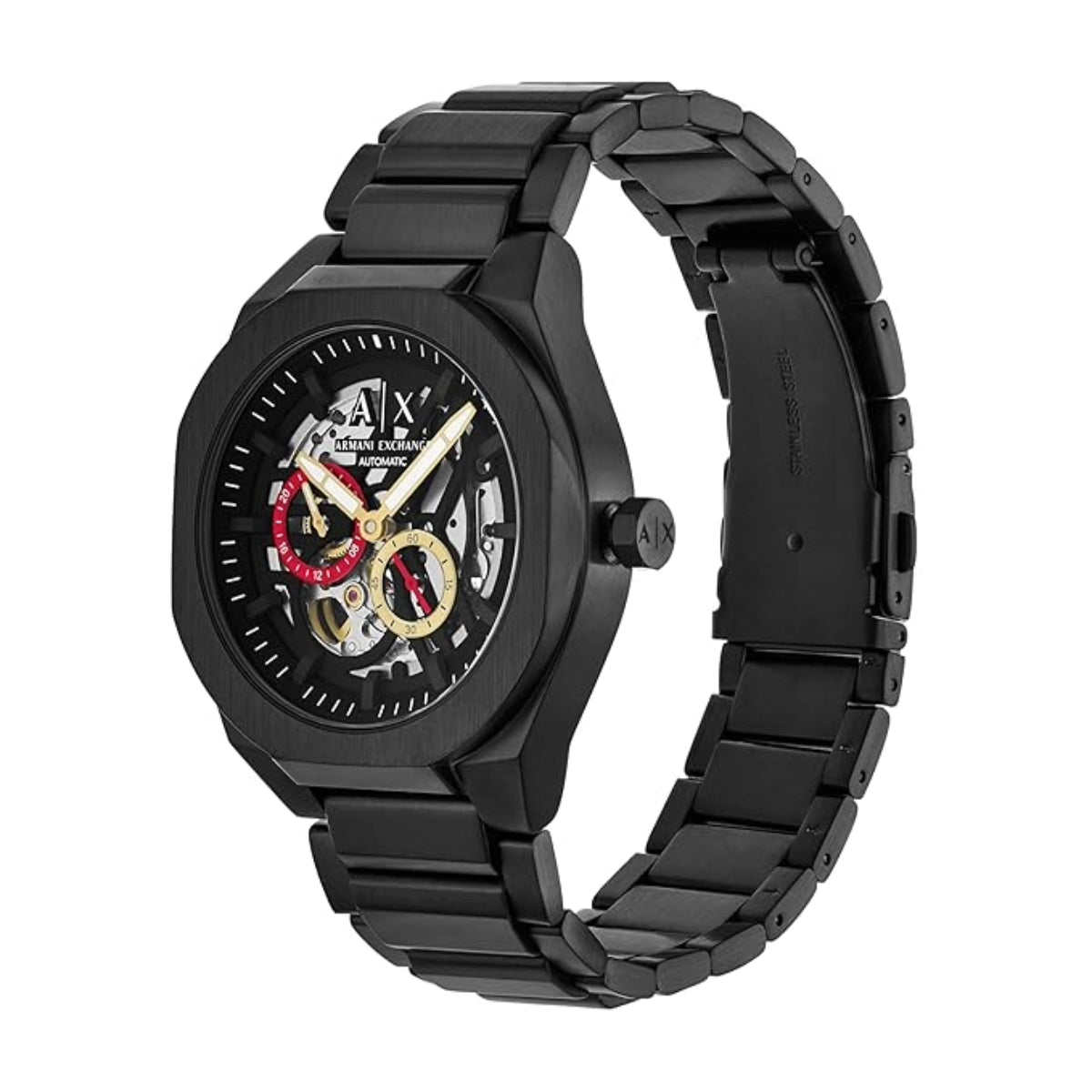 Black Armani Exchange watch with a detailed face on a white background