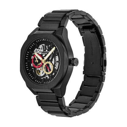 Black Armani Exchange watch with a detailed face on a white background