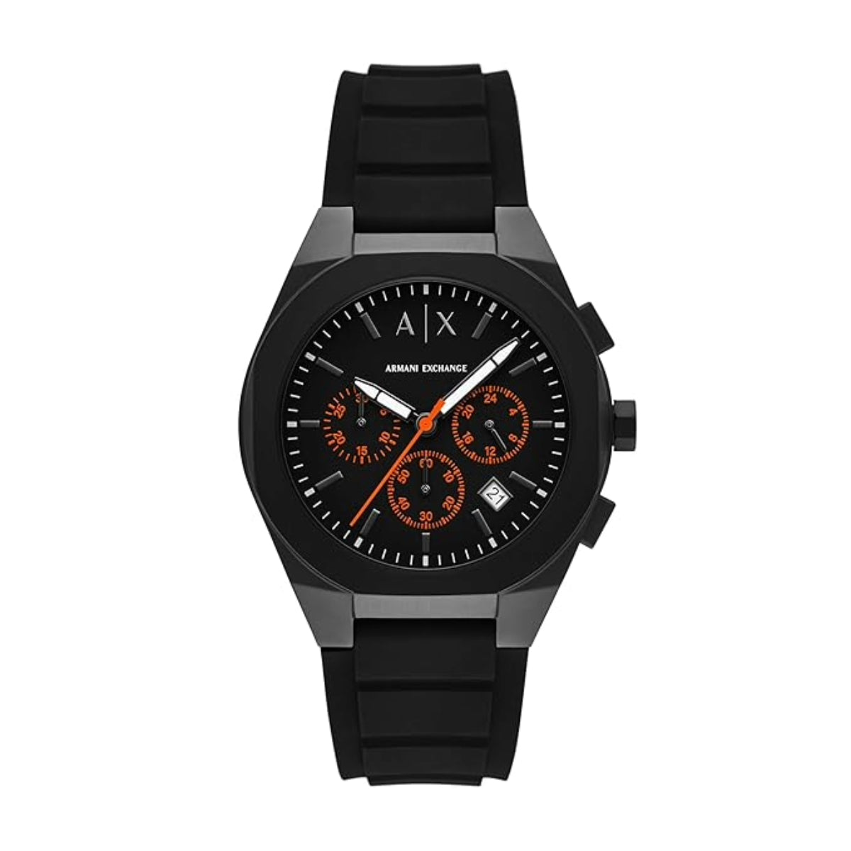 Black Armani Exchange watch with orange accents on a white background