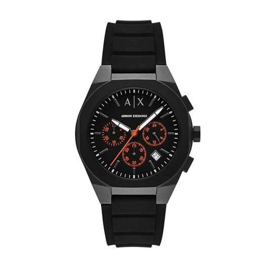 Black Armani Exchange watch with orange accents on a white background