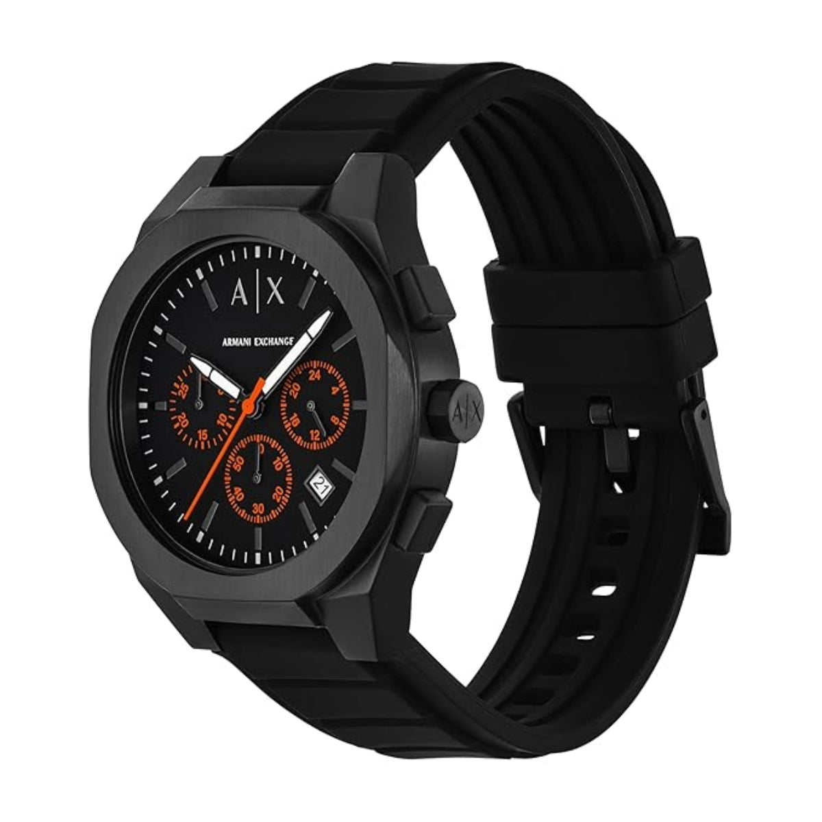 Black Armani Exchange watch with a detailed face on a white background
