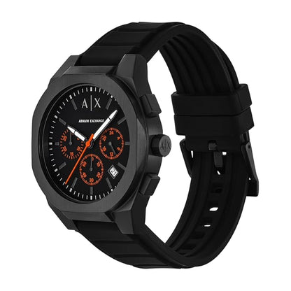 Black Armani Exchange watch with a detailed face on a white background