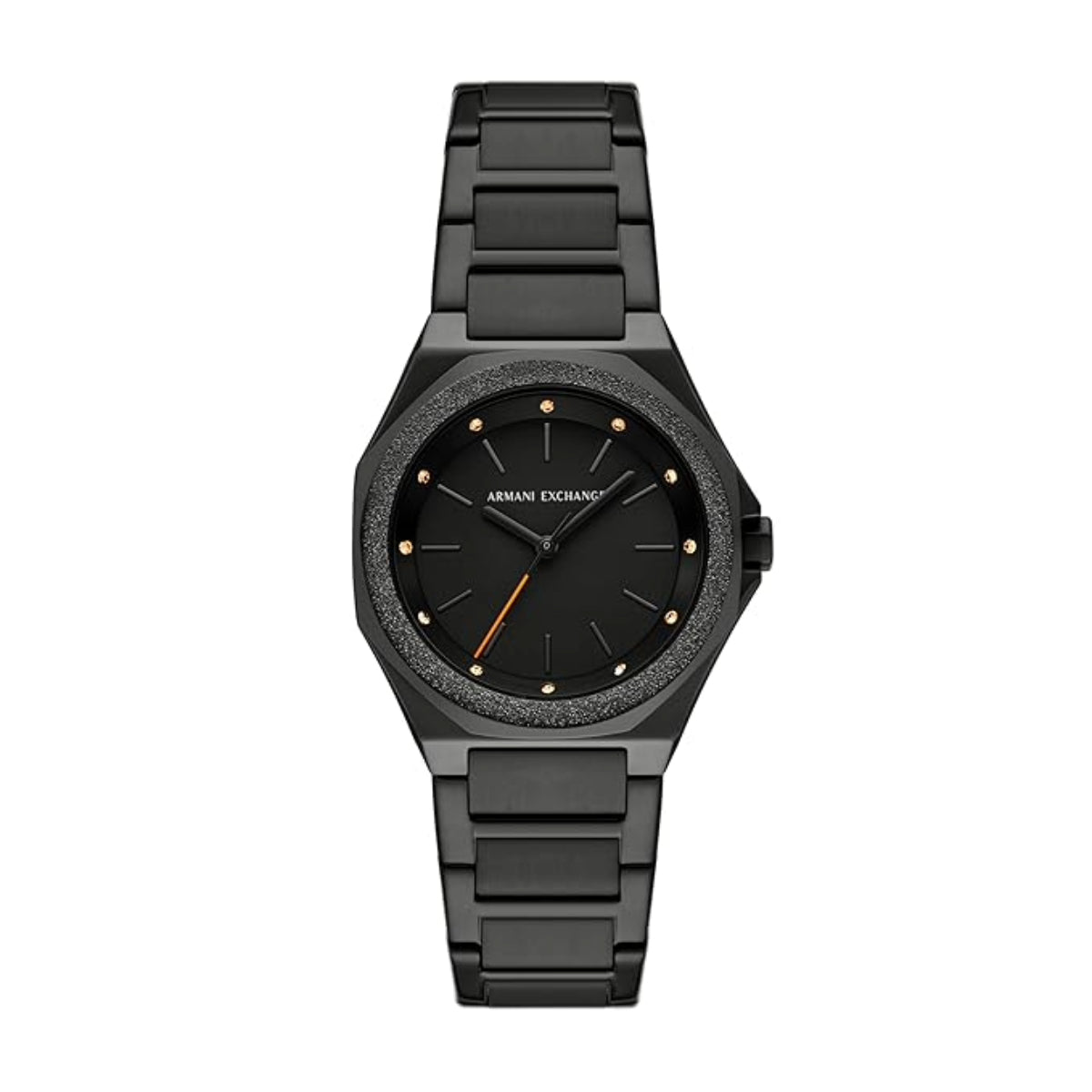 Black Armani Exchange watch on a white background