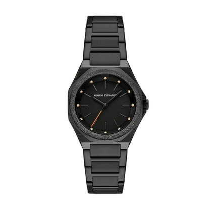 Black Armani Exchange watch on a white background