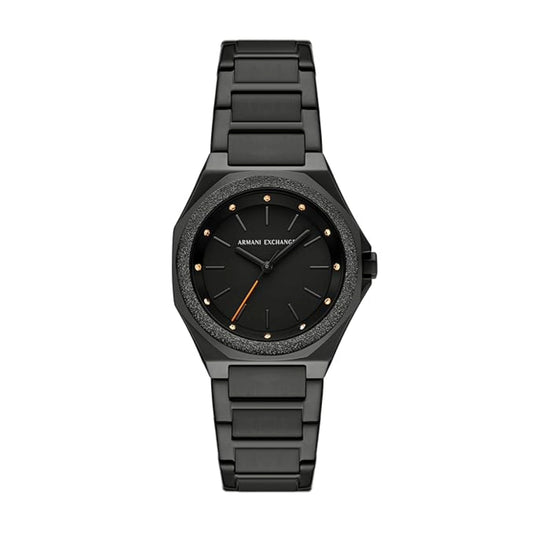 Black Armani Exchange watch on a white background