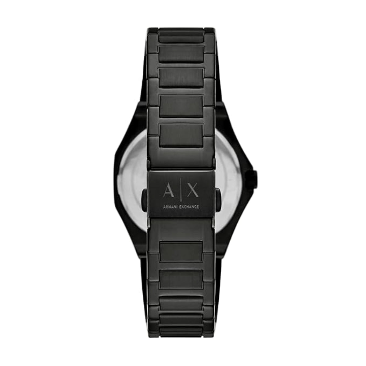 Black watch with Armani Exchange logo on a white background