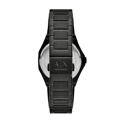 Black watch with Armani Exchange logo on a white background