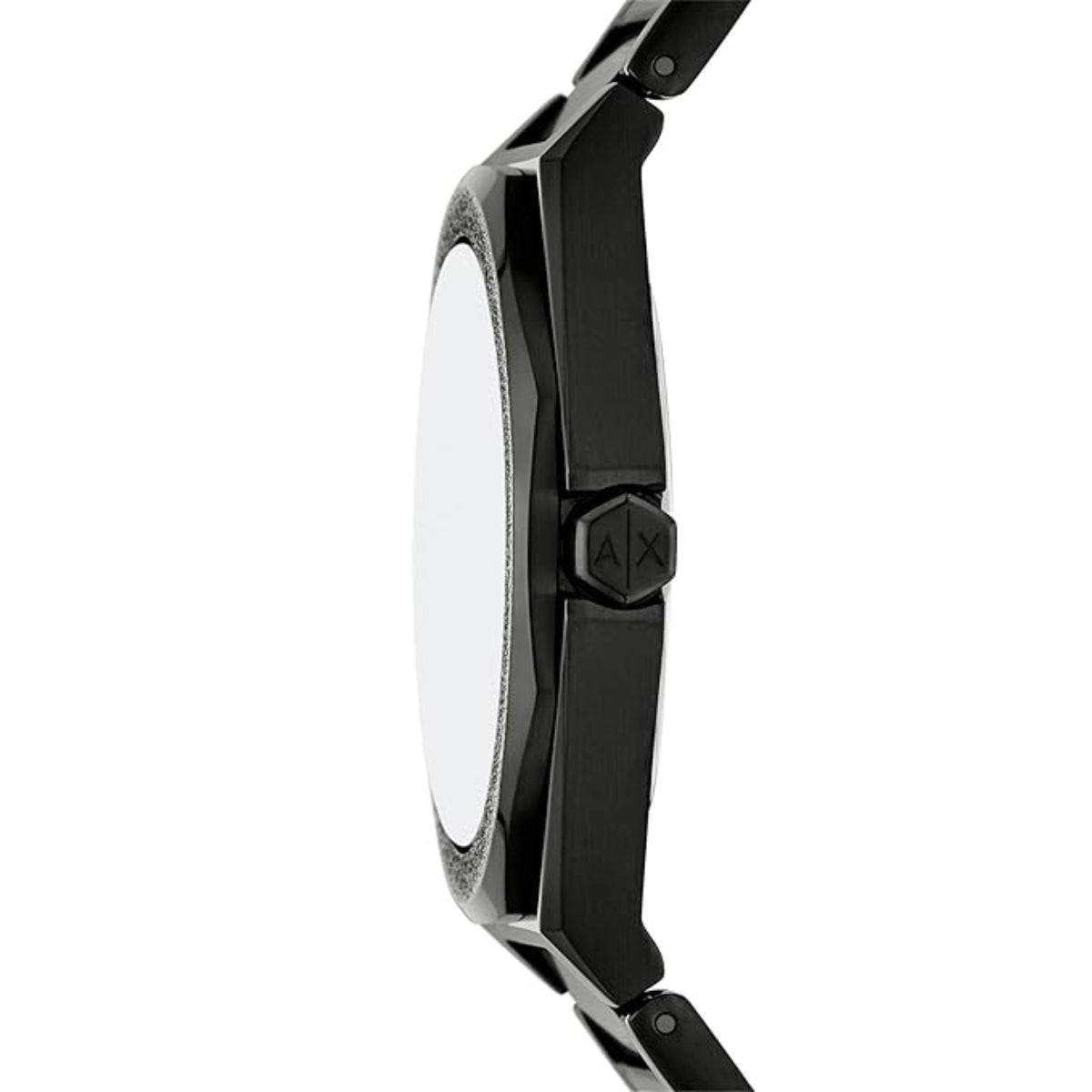 Close-up of a black watch with a brand logo on a white background