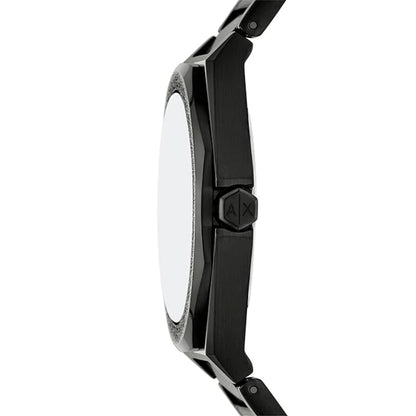 Close-up of a black watch with a brand logo on a white background