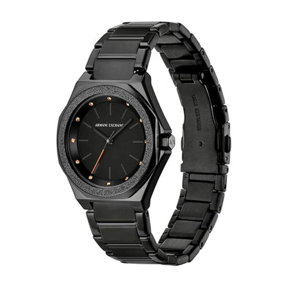 Black Armani Exchange watch on a white background