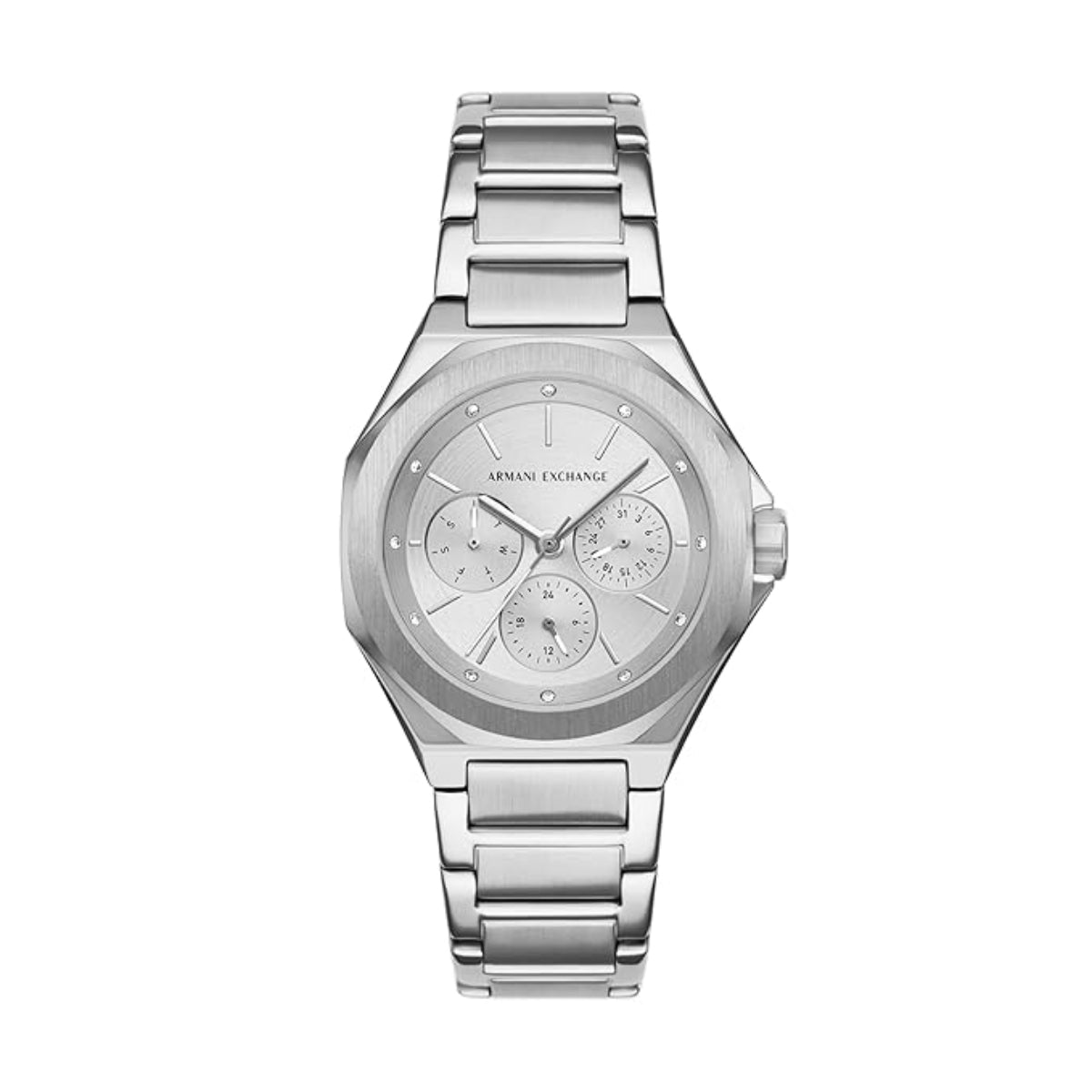Silver watch with a detailed face on a white background