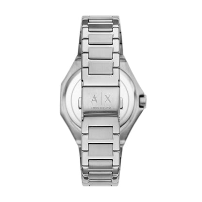 Silver Armani Exchange watch on a white background