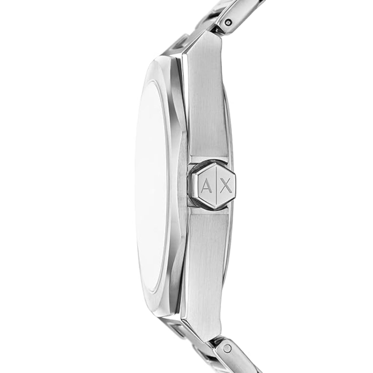 Close-up of a silver watch with a brand logo on a white background