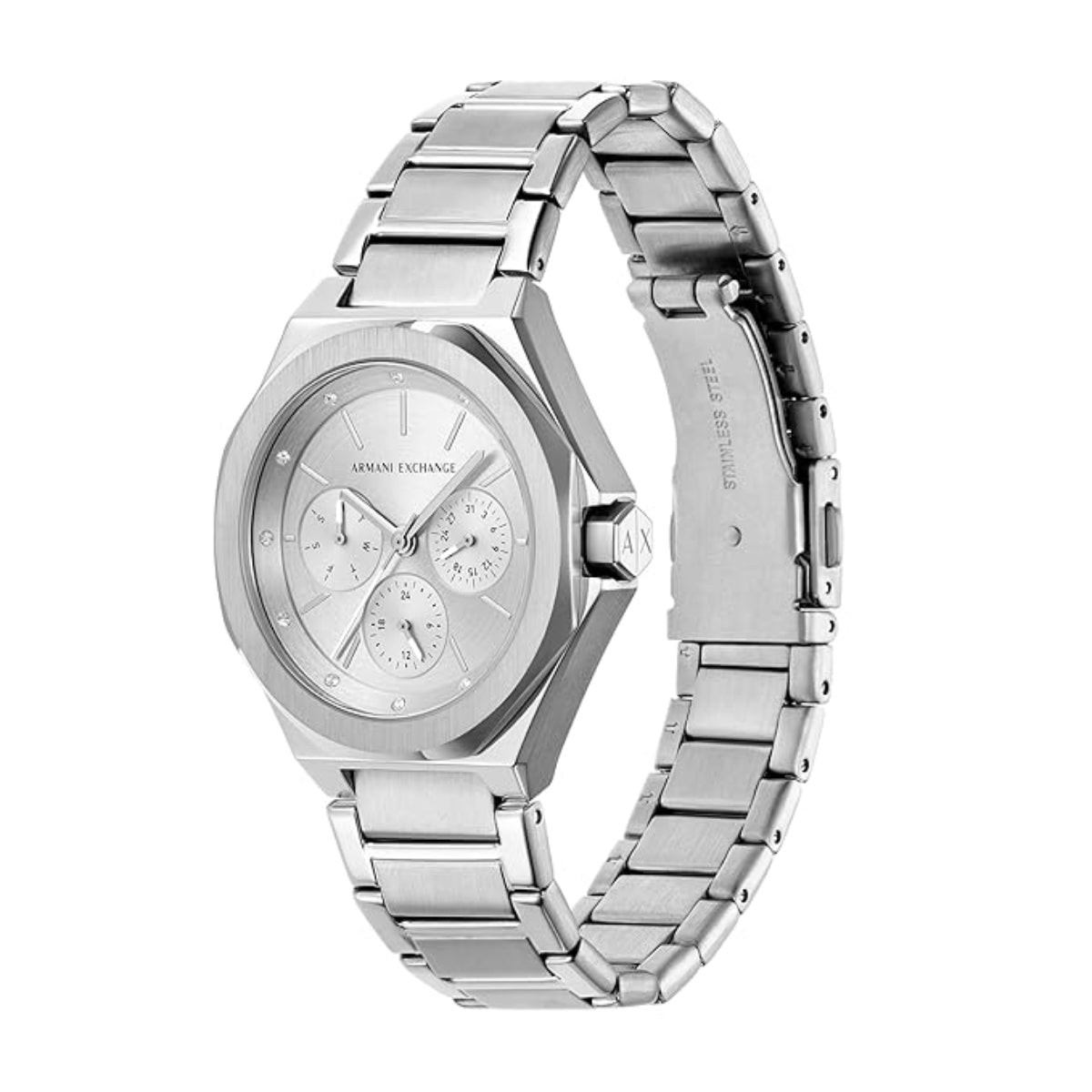 Silver watch with a metal band on a white background