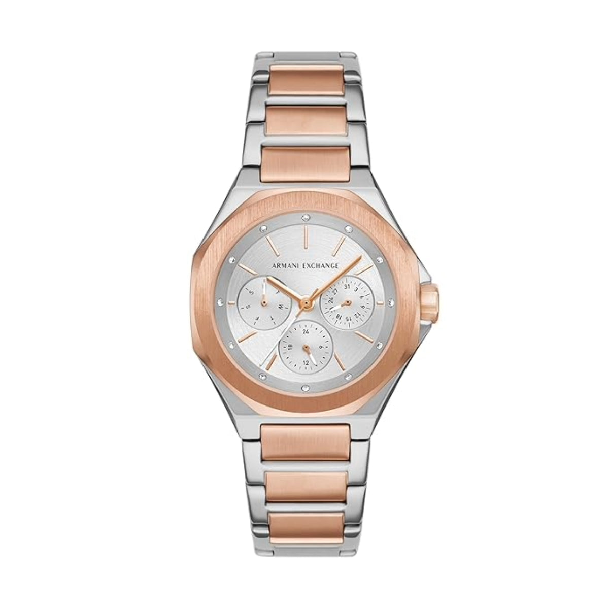 Two-tone watch with silver and rose gold band on a white background