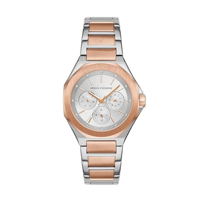 Two-tone watch with silver and rose gold band on a white background