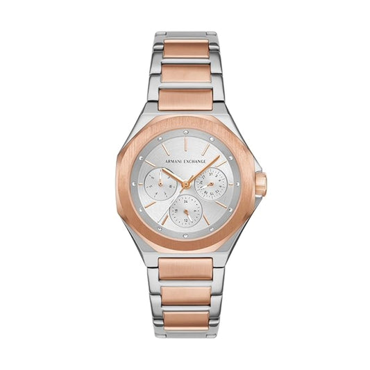 Two-tone watch with silver and rose gold band on a white background