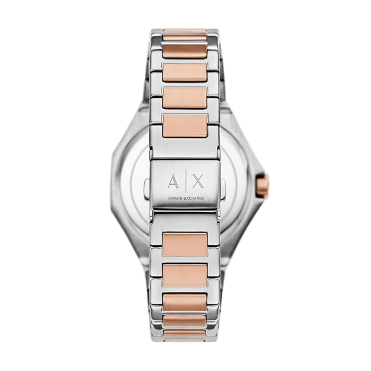 Silver and rose gold watch with Armani Exchange logo on a white background