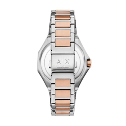 Silver and rose gold watch with Armani Exchange logo on a white background