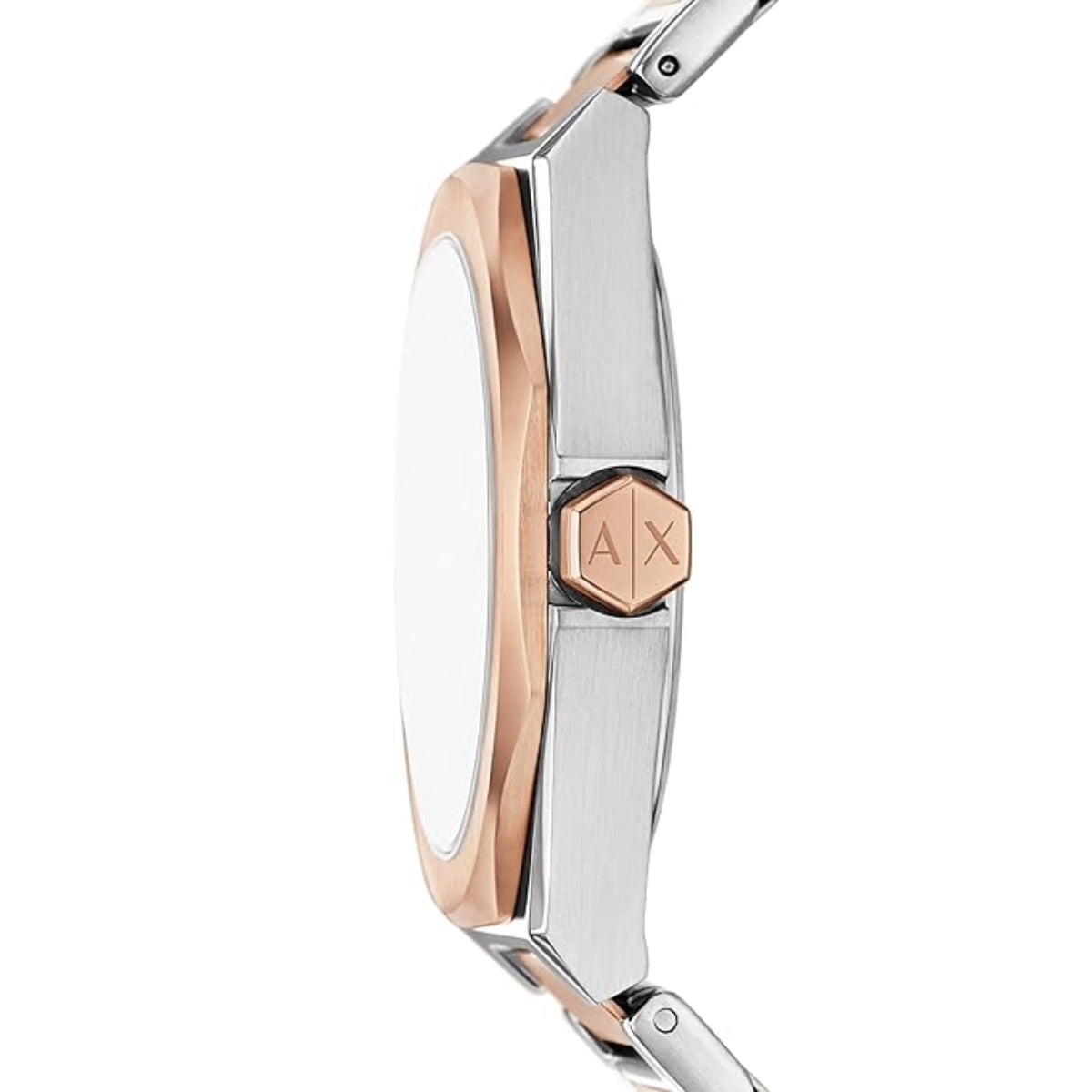 Close-up of a silver and rose gold watch with Armani Exchange logo.