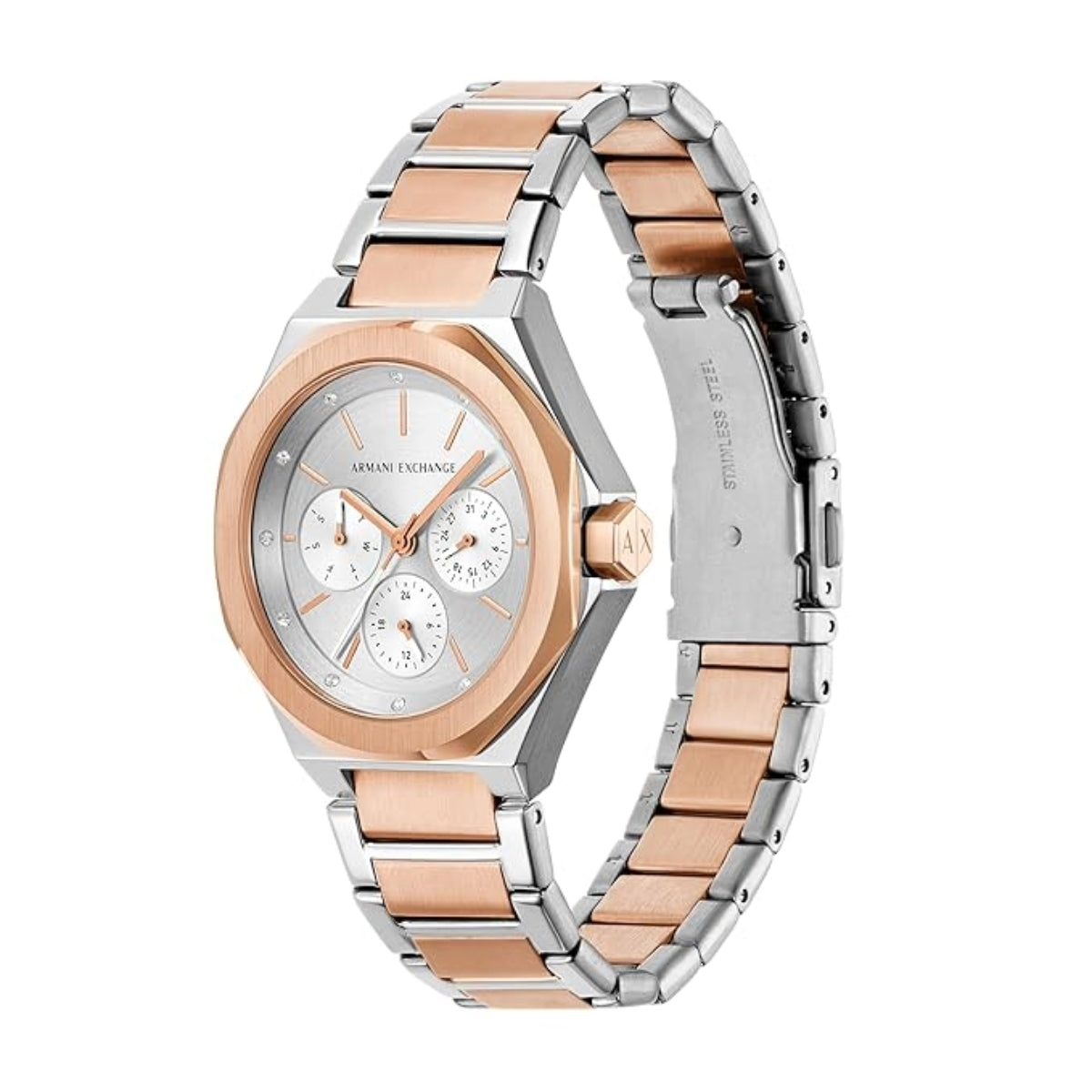 Two-tone watch with silver and rose gold band on a white background
