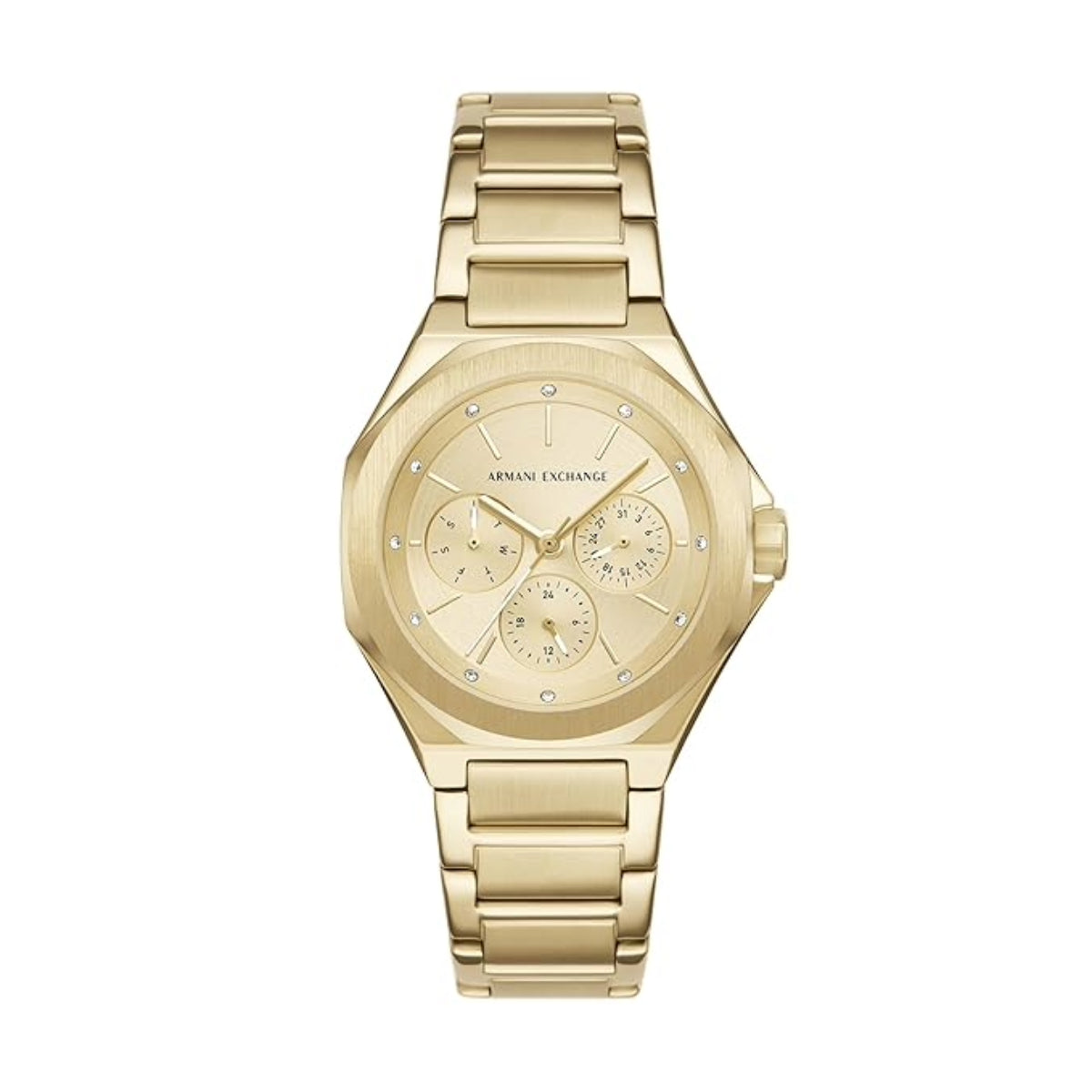 Gold watch with a white background