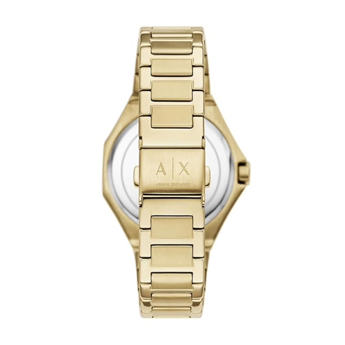 Gold watch with a visible brand logo on a white background