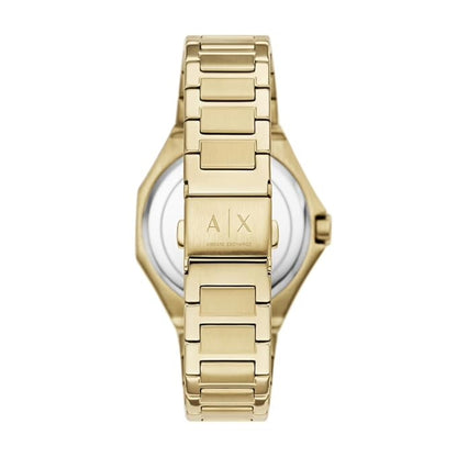 Gold watch with a visible brand logo on a white background
