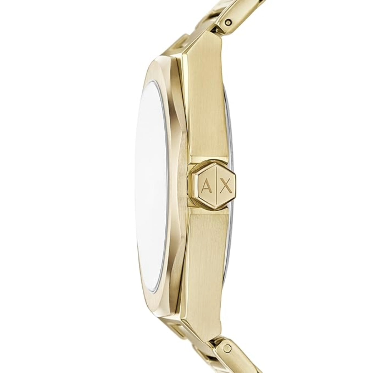 Gold watch with Armani Exchange logo on a white background